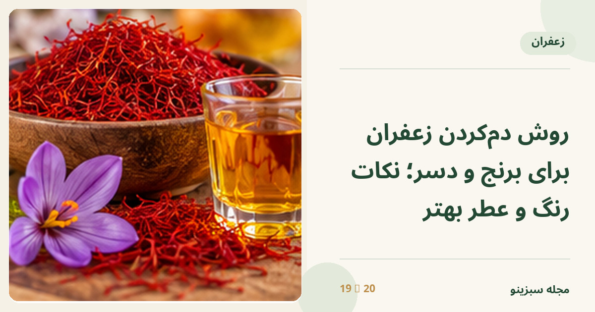 رشته‌های زعفران قرمز و فنجان دم‌کرده زعفران طلایی در کنار گل بنفش
